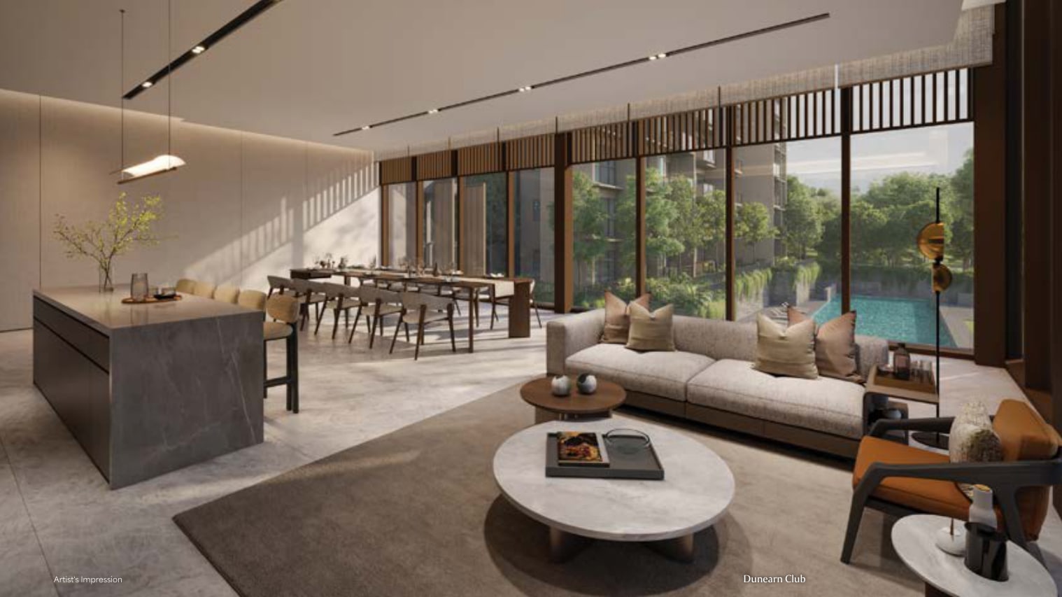 Artist's impression of the Dunearn Club lounge with an island counter, a long dining table and a sofa facing a pool through floor-to-ceiling glass