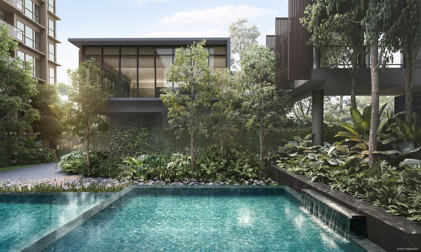 Artist's impression of the Dunearn Club clubhouse beside a pool with a waterfall edge