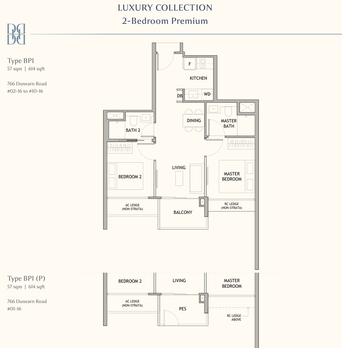 Floor plan of the 2-bedroom premium, type BP1, 614 square feet