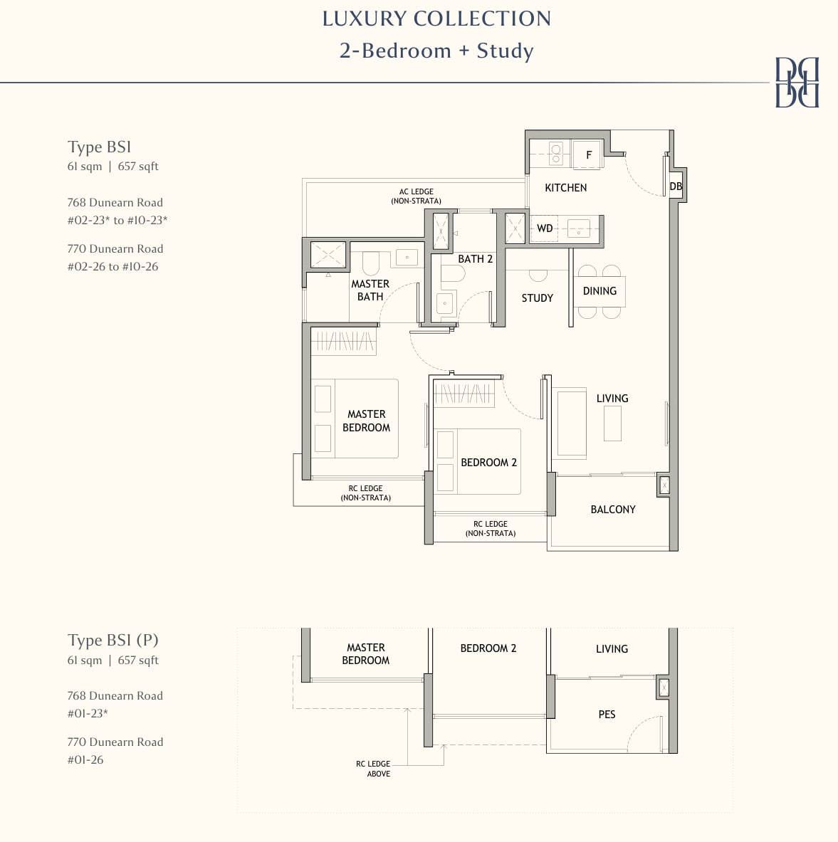 Floor plan of the 2-bedroom with study, type BS1, 657 square feet
