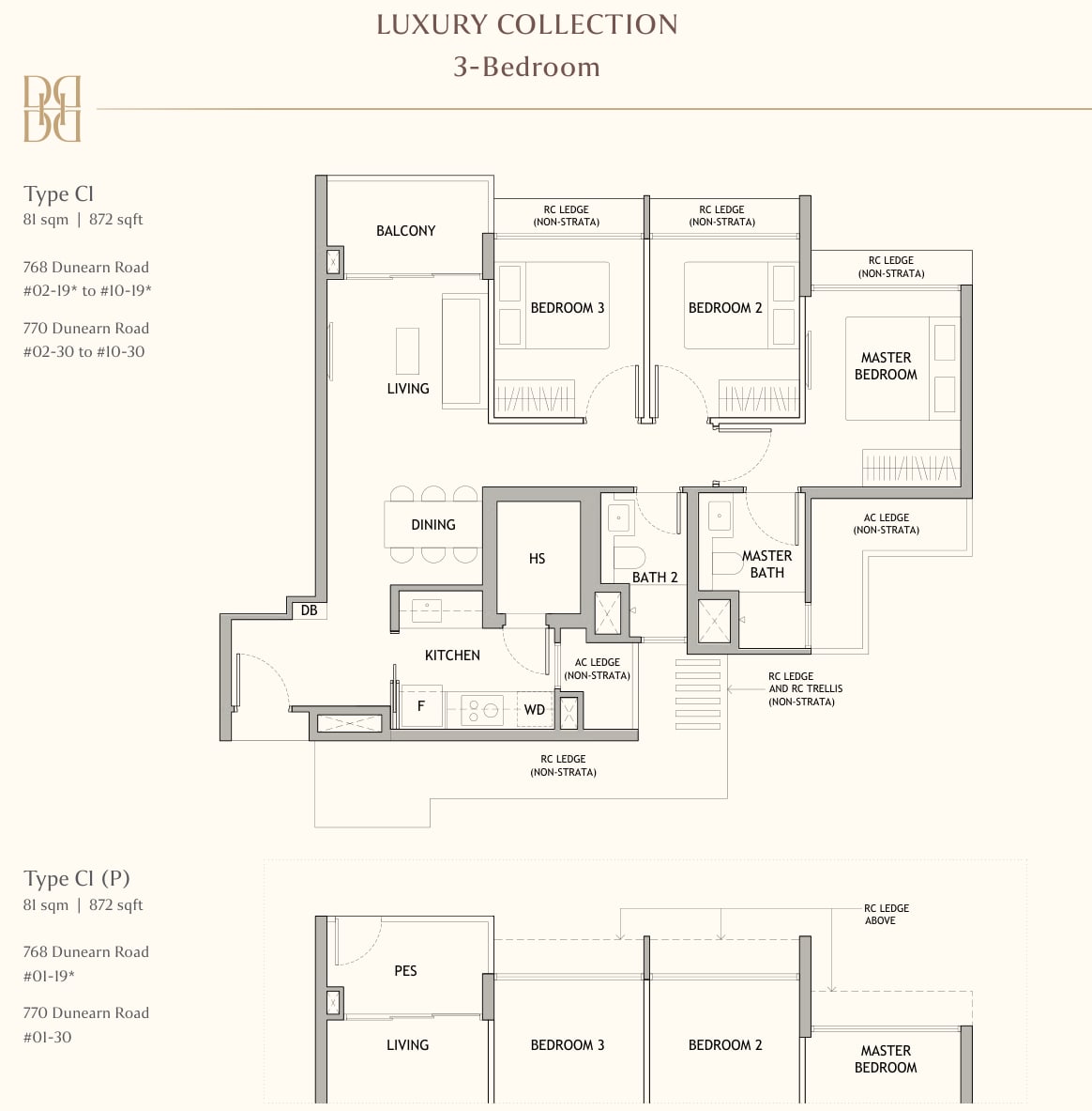 Floor plan of the 3-bedroom, type C1, 872 square feet