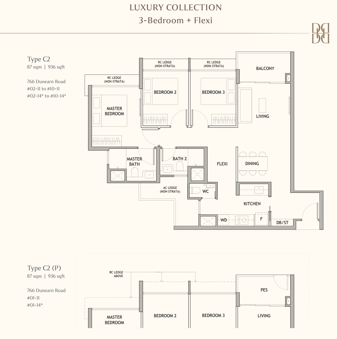 Floor plan of the 3-bedroom with flexi room, type C2, 936 square feet