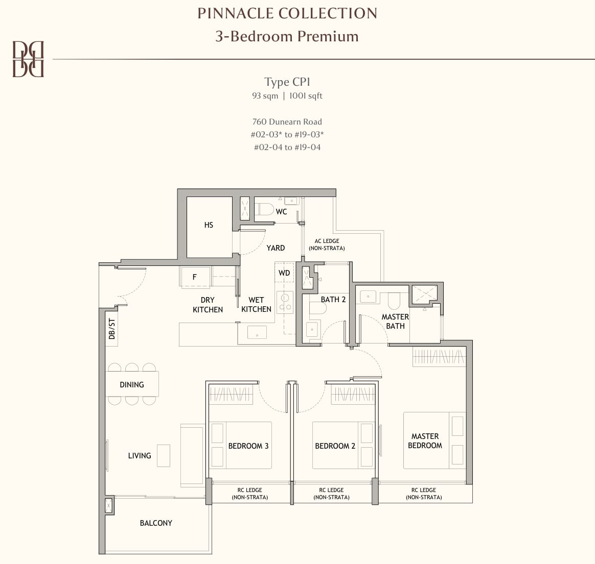 Floor plan of the 3-bedroom premium, type CP1, 1,001 square feet