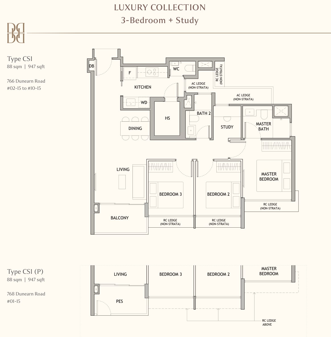 Floor plan of the 3-bedroom with study, type CS1, 947 square feet