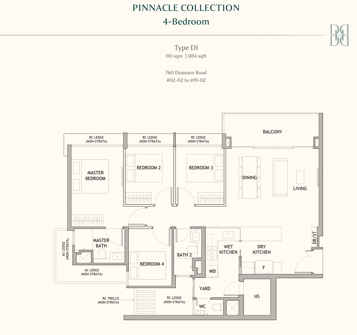 Floor plan of the 4-bedroom, type D1, 1,184 square feet