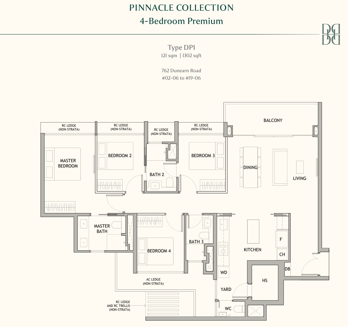 Floor plan of the 4-bedroom premium, type DP1, 1,302 square feet