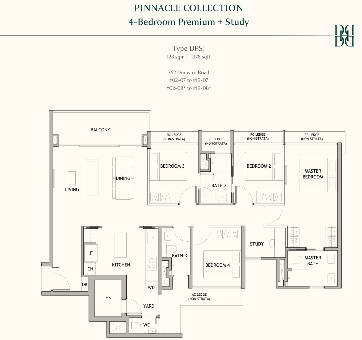 Floor plan of the 4-bedroom premium with study, type DPS1, 1,378 square feet, the largest home