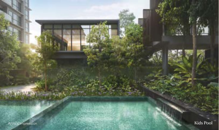 Artist's impression of the kids' pool beside a pavilion among trees