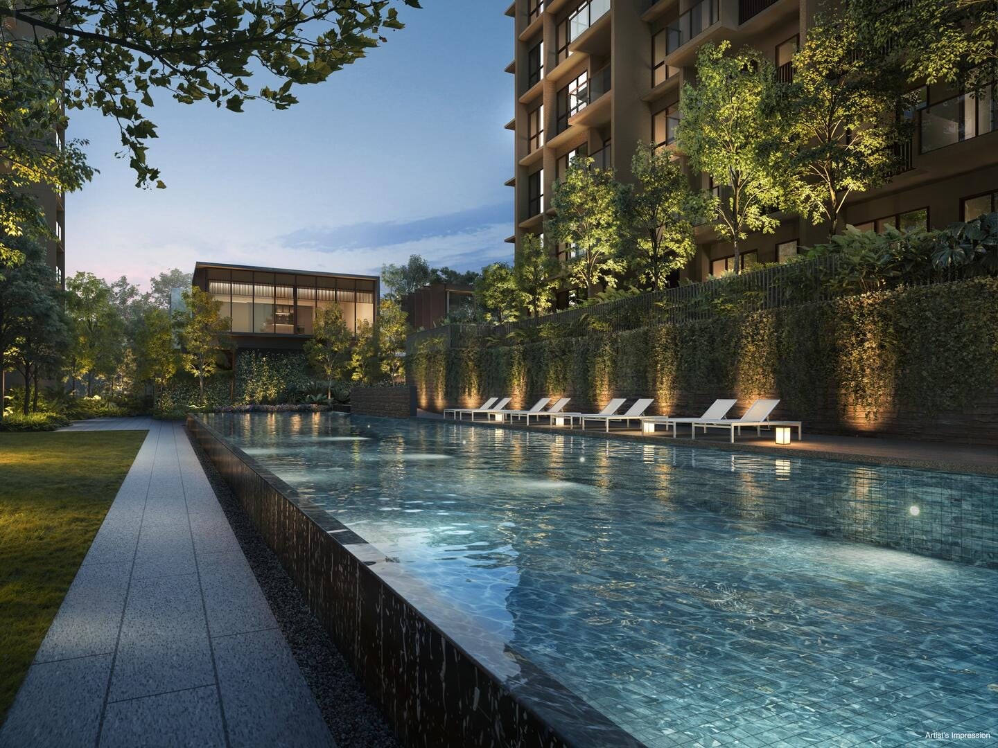 Artist's impression of the 50-metre lap pool at dusk beside a green wall