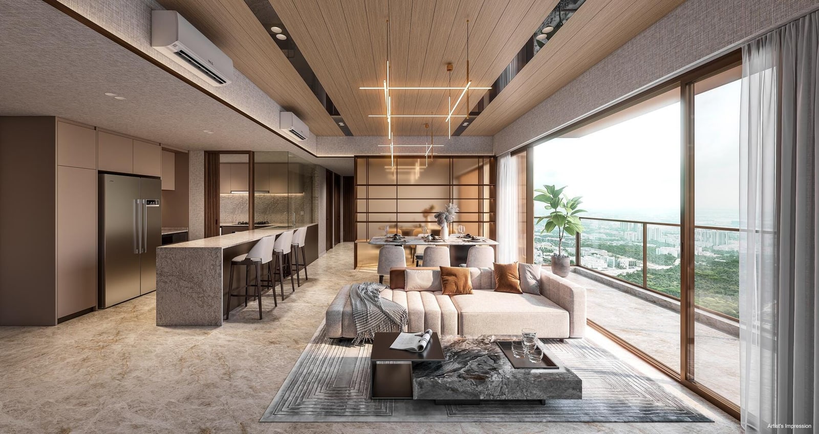 Artist's impression of an open-plan living and dining area with an island kitchen and a balcony view