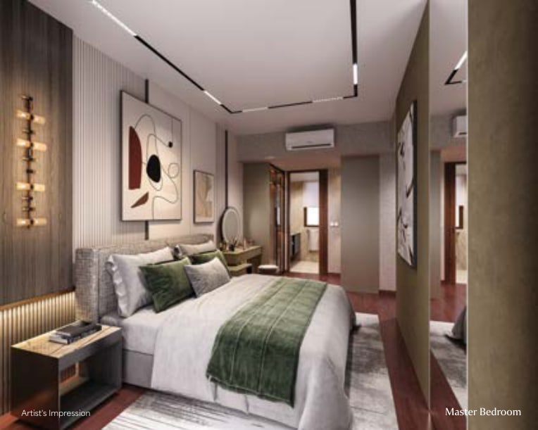 Artist's impression of a master bedroom with a padded headboard, wall art and an en suite bathroom beyond
