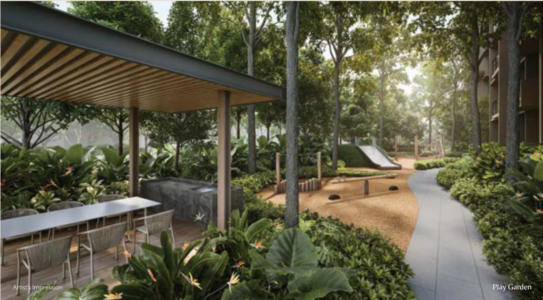 Artist's impression of a play garden with a slide, a dining pavilion and a path through the trees
