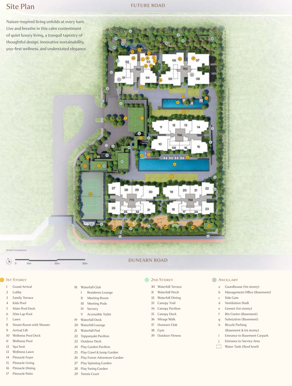 Site plan of Dunearn House showing the five blocks, the 50-metre lap pool, the tennis court and play gardens, with a numbered facilities legend