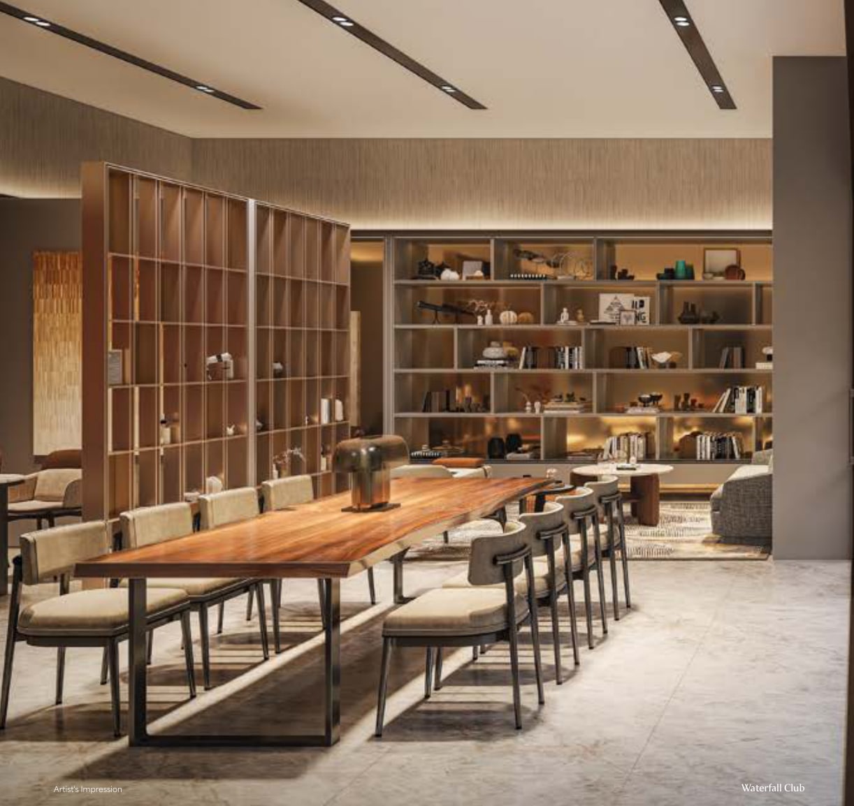 Artist's impression of the Waterfall Club with a long timber dining table, a library wall and shelves