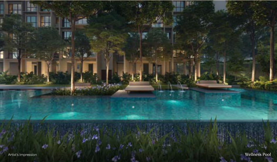 Artist's impression of the wellness pool at night with day beds and a planted edge