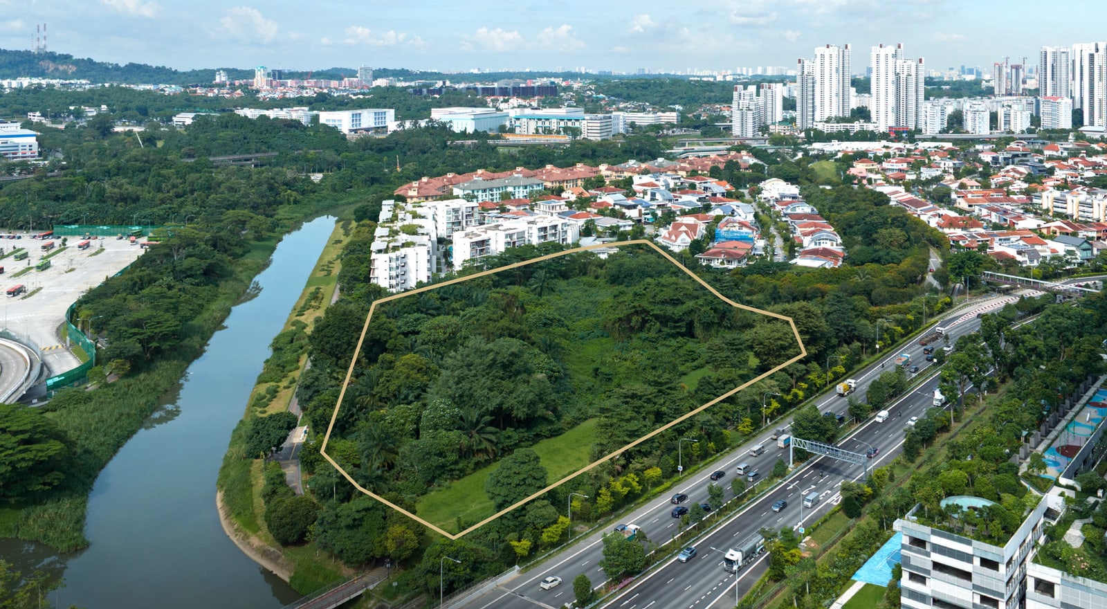 Aerial view of the Faber Residence site, outlined in yellow, beside Sungei Ulu Pandan and a main road