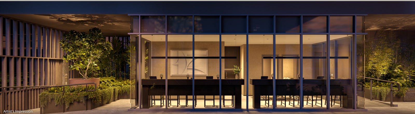 Artist's impression of the lit lobby facade in the Arrival Courtyard at night