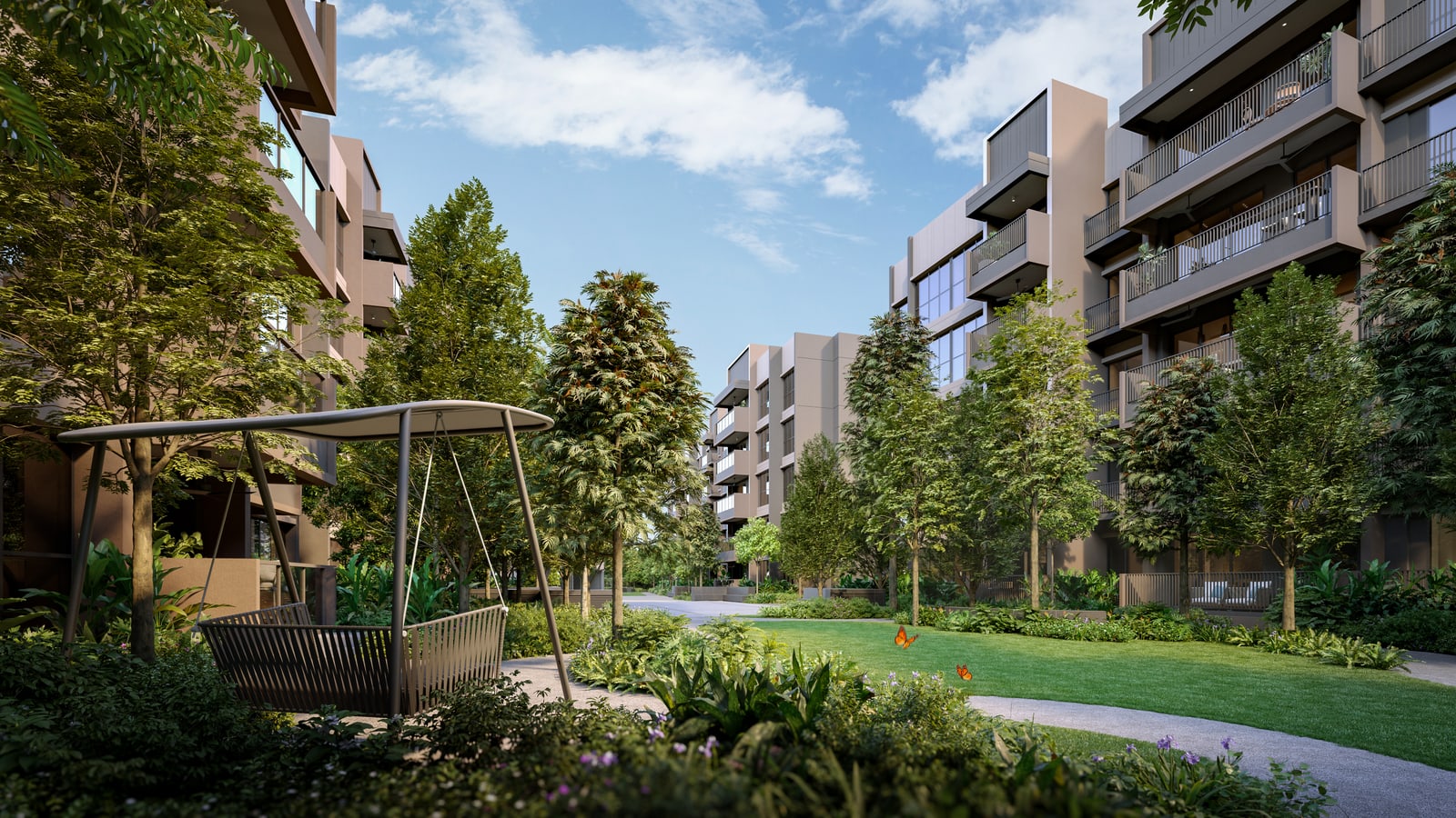 Artist's impression of the Breeze Lawn and the swing alcove in the Alcove Courtyard