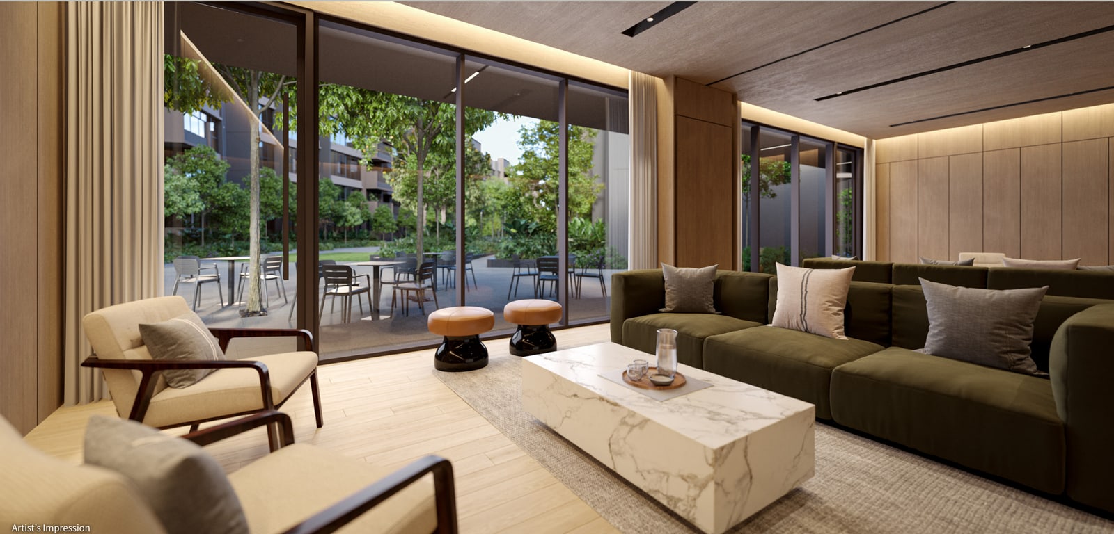 Artist's impression of Club Dining, a living space with sofas and glass doors onto the Club Lawn