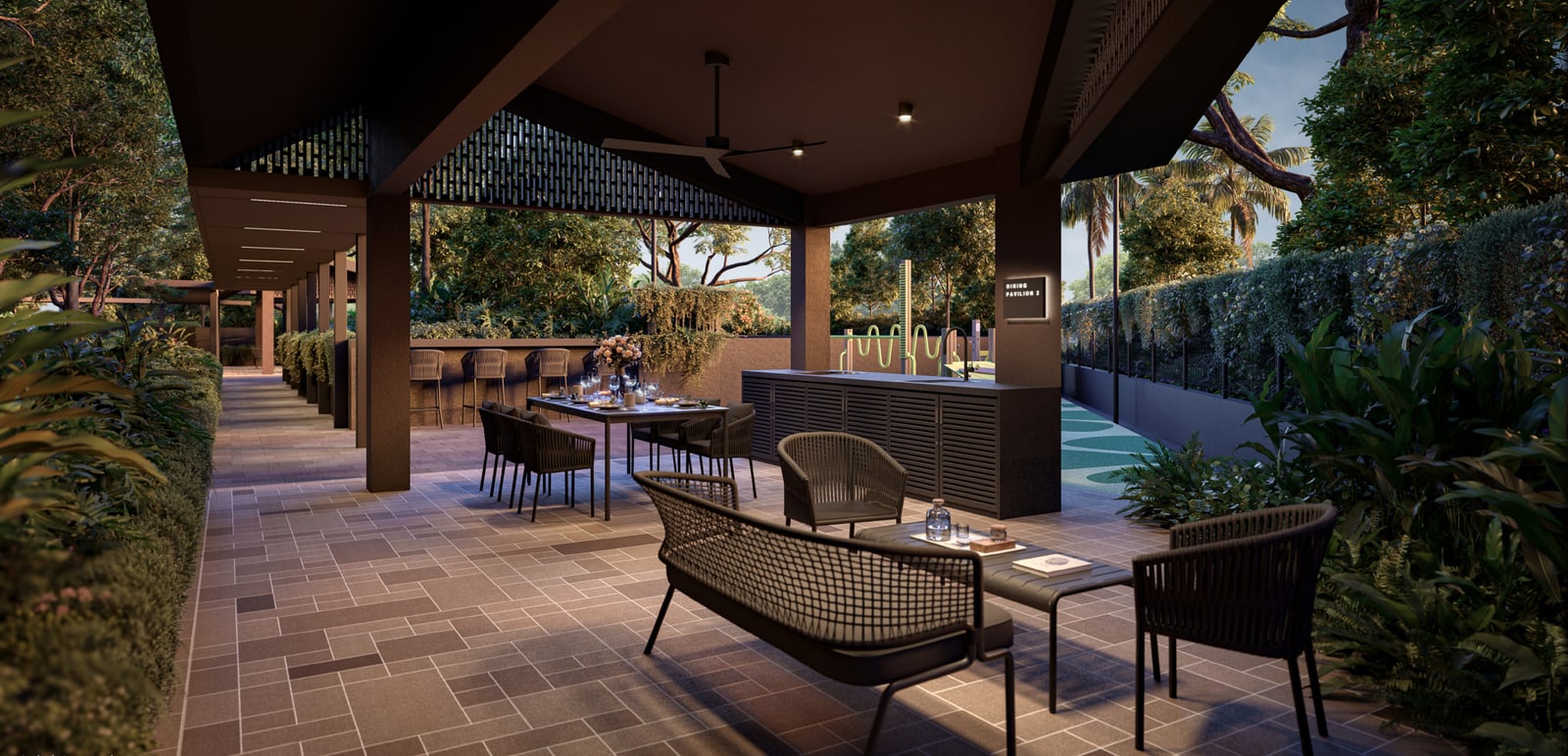 Artist's impression of the Dining Courtyard, a covered terrace with outdoor dining tables