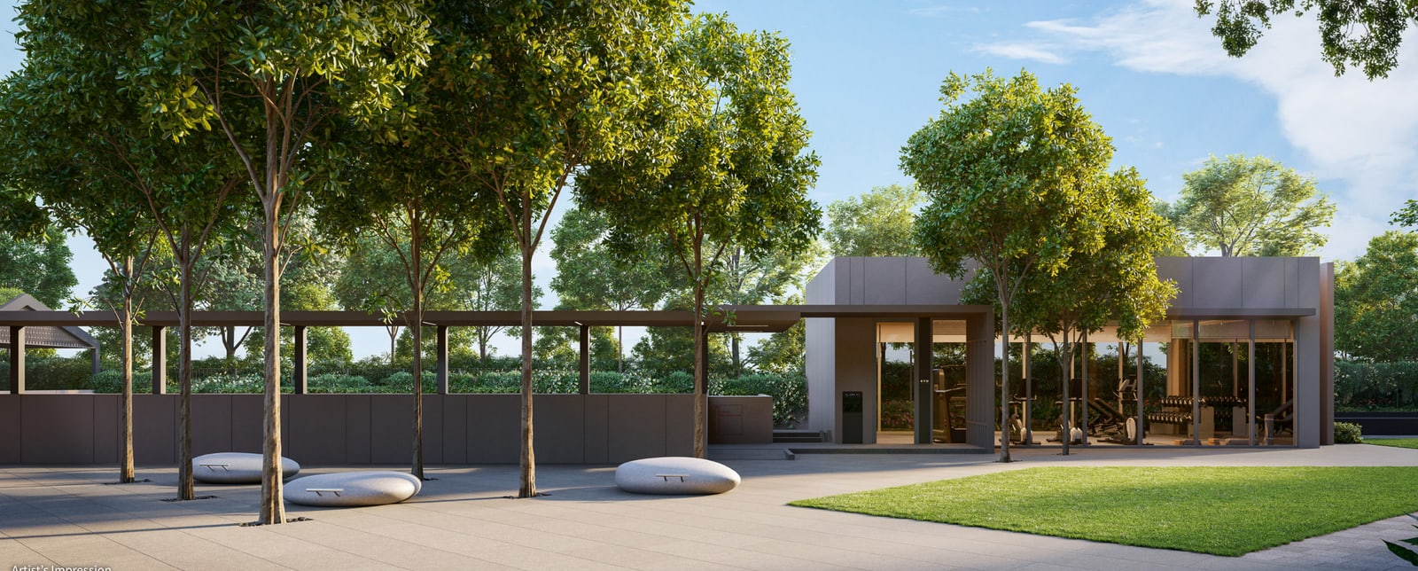Artist's impression of the Fitness Courtyard with the gym pavilion behind a lawn and trees