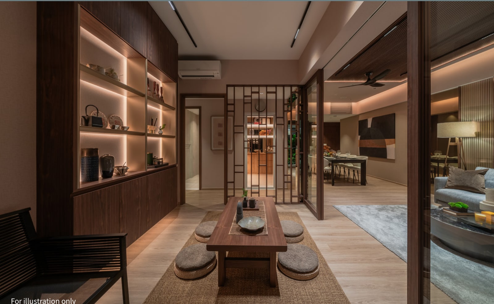 Interior with a low table and floor cushions in a flexible room beside the living area