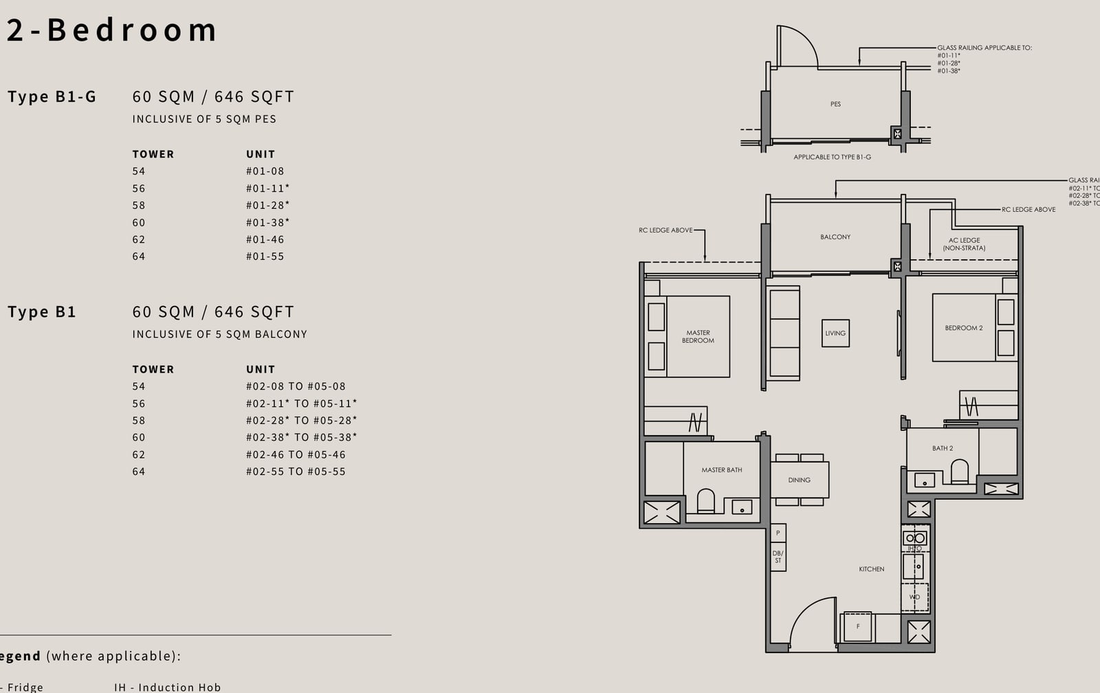 Floor plan of the 2-bedroom, type B1, 646 square feet