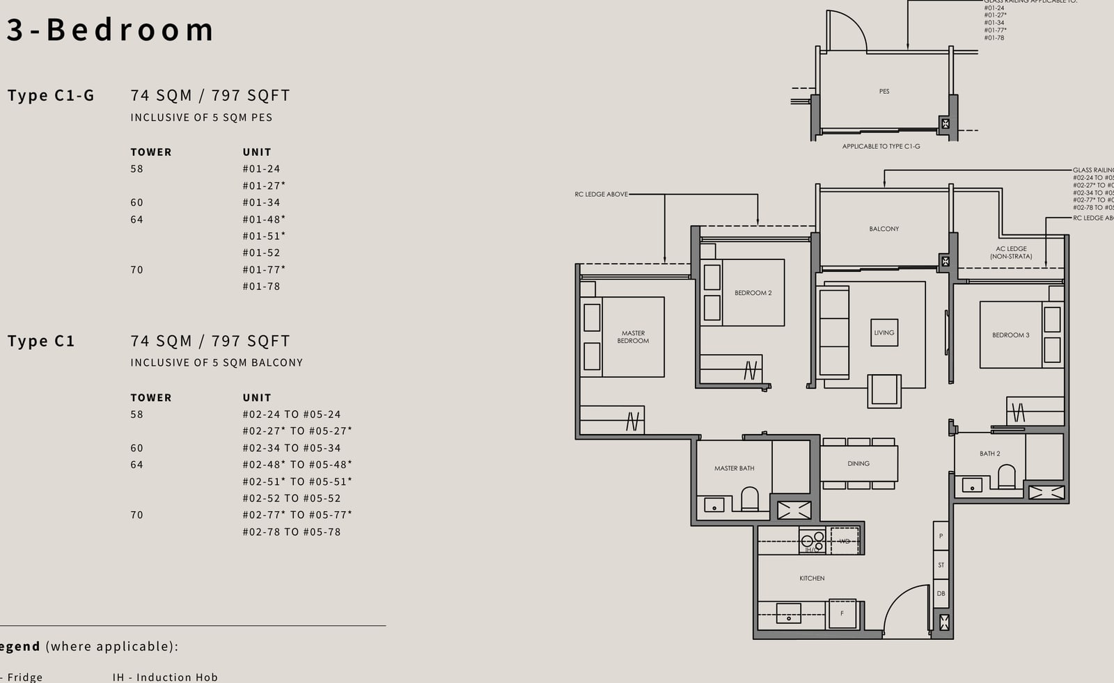 Floor plan of the 3-bedroom, type C1, 797 square feet