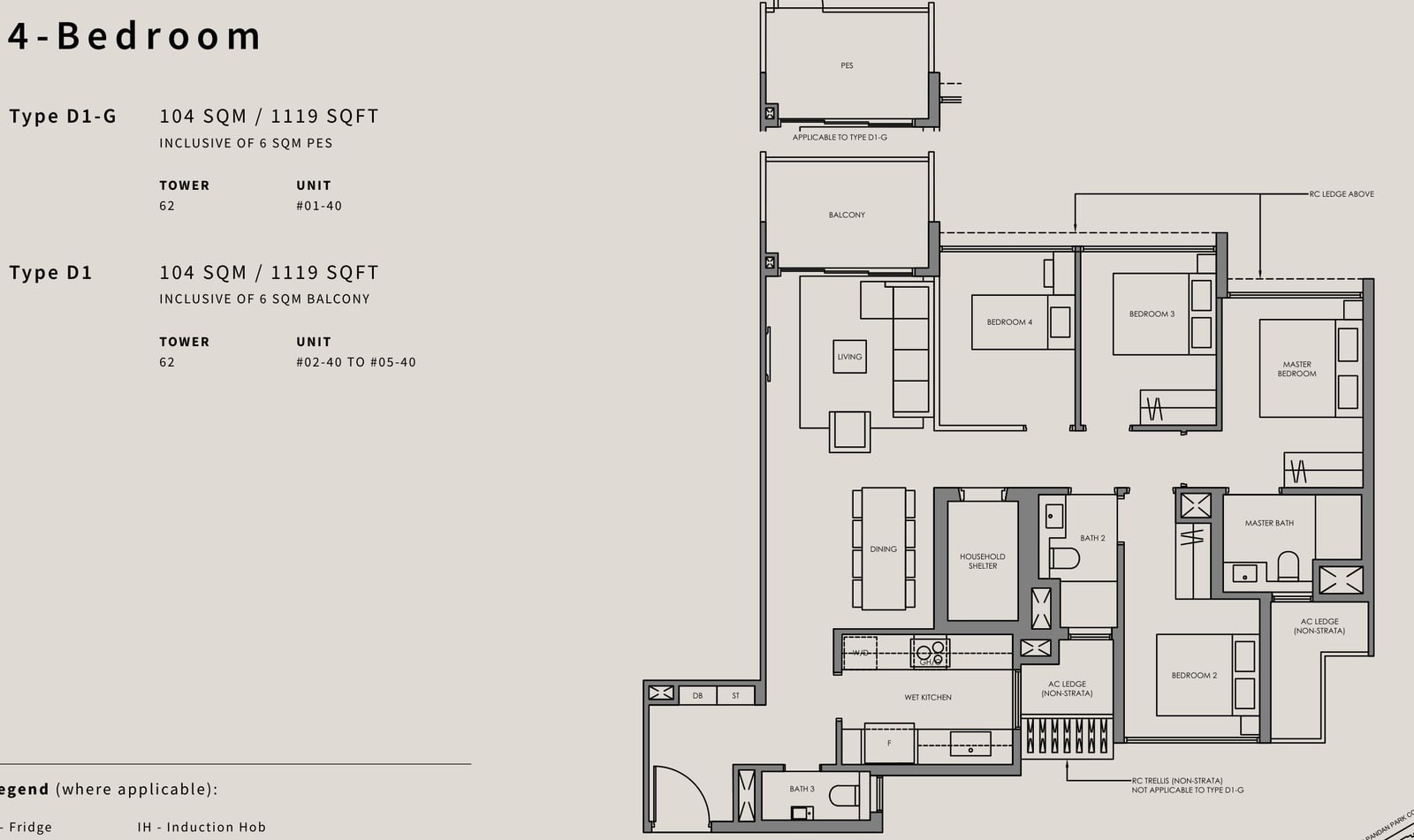 Floor plan of the 4-bedroom, type D1, 1,119 square feet