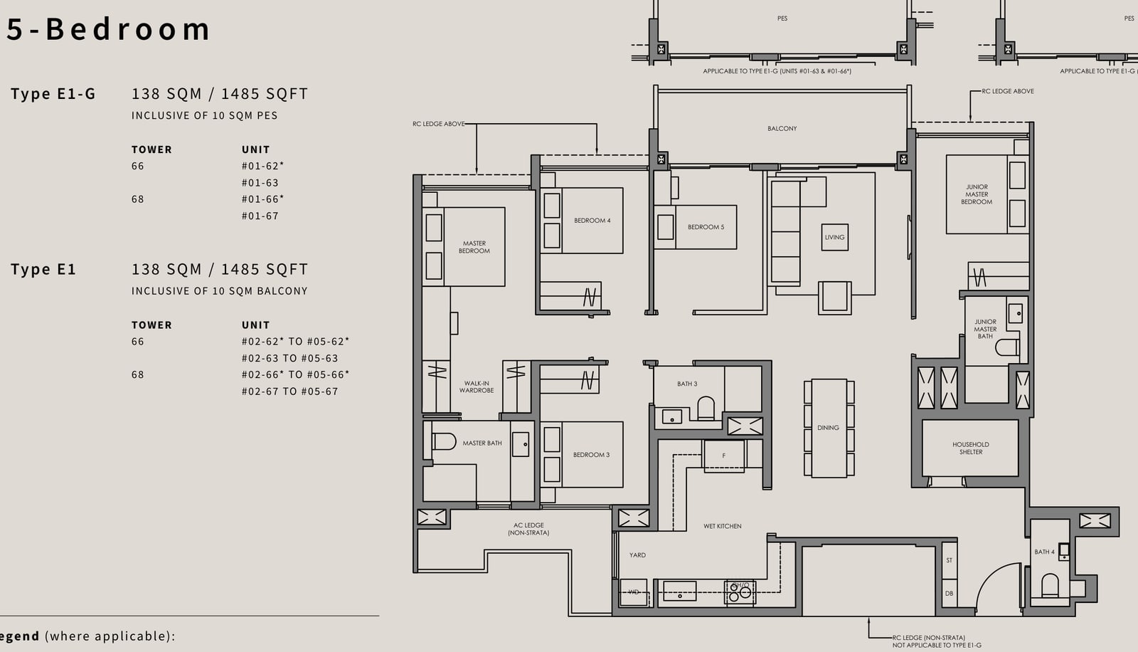 Floor plan of the 5-bedroom, type E1, 1,485 square feet