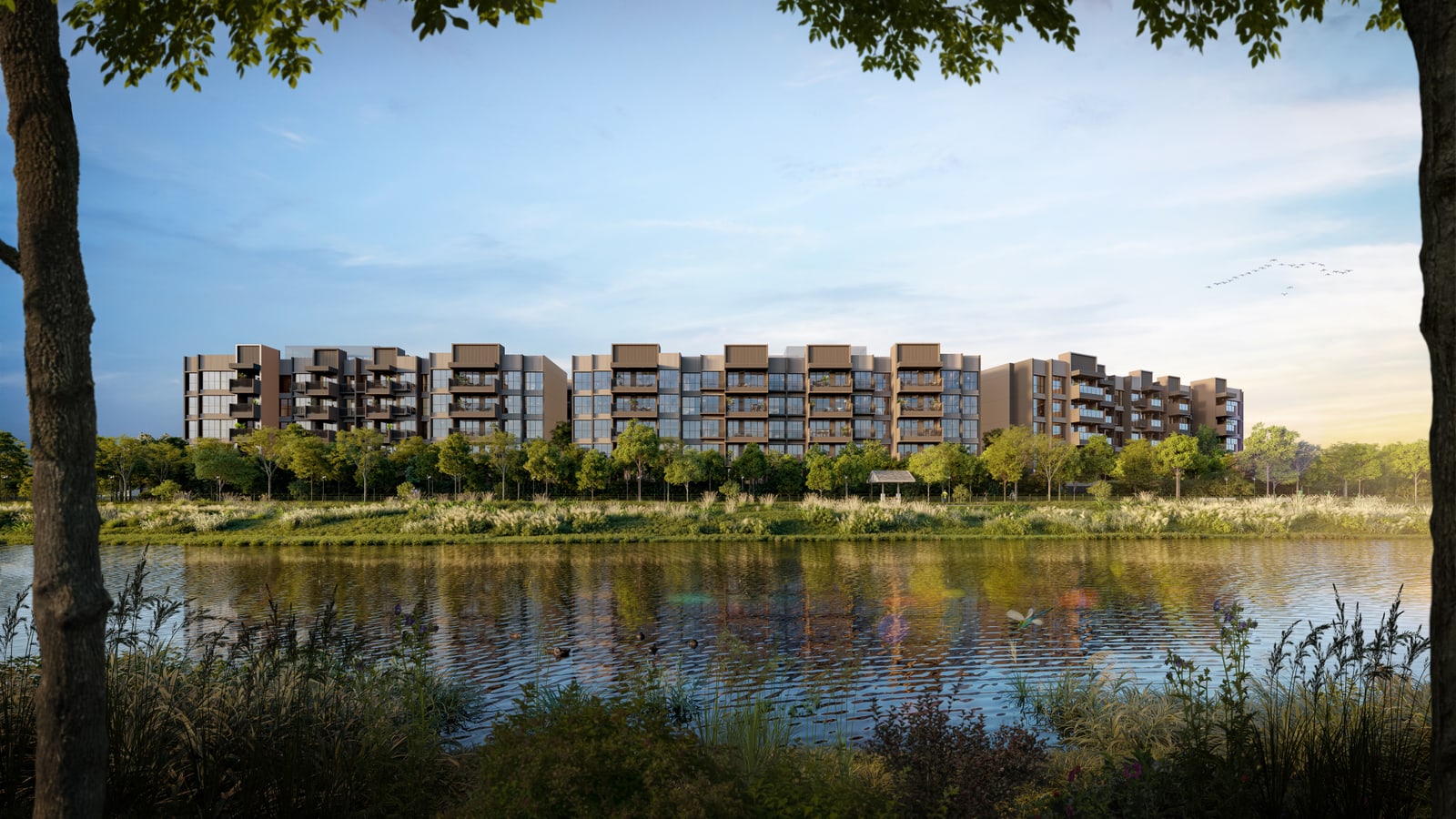 Artist's impression of the whole development: the nine low-rise Faber Residence blocks seen across the water of Sungei Ulu Pandan at sunset