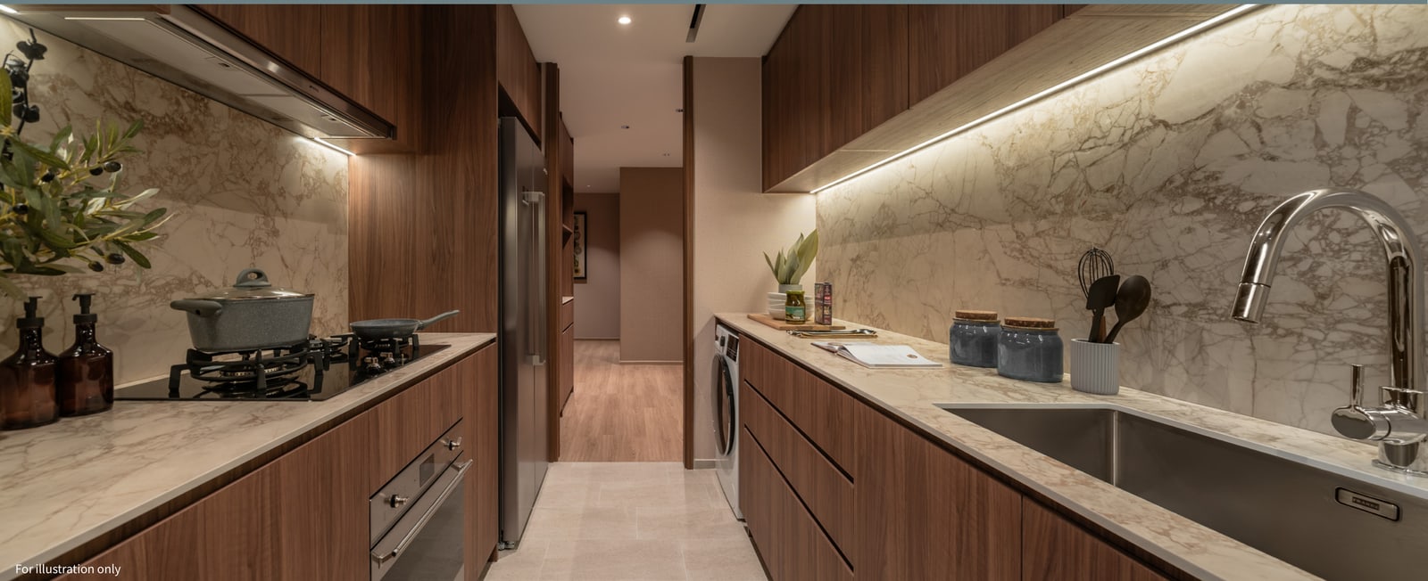 Kitchen with timber cabinets, marble splashback and a gas hob