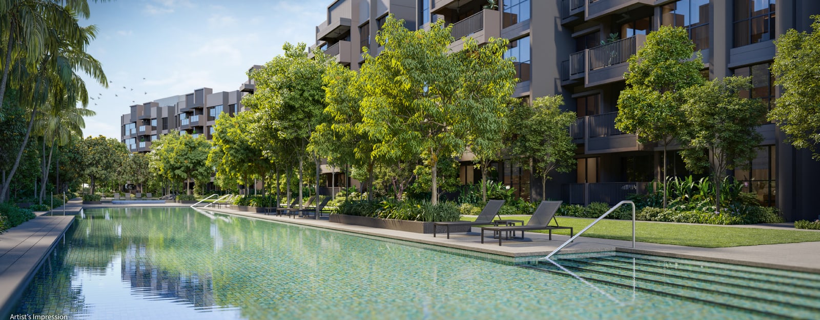 Artist's impression of the 50-metre lap pool with loungers and steps