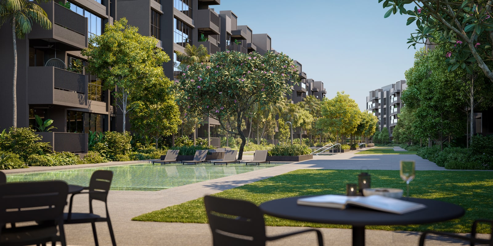 Artist's impression of the Leisure Courtyard with a wading pool and the Retreat Lawn