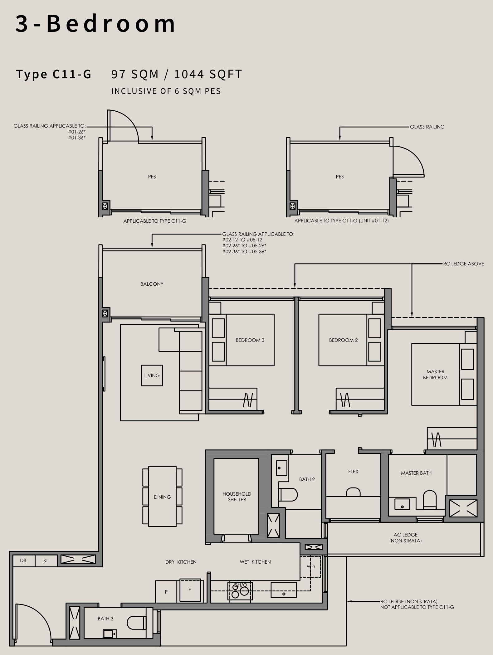 Floor plan of the 3-bedroom with a household shelter, type C11, 1,044 square feet