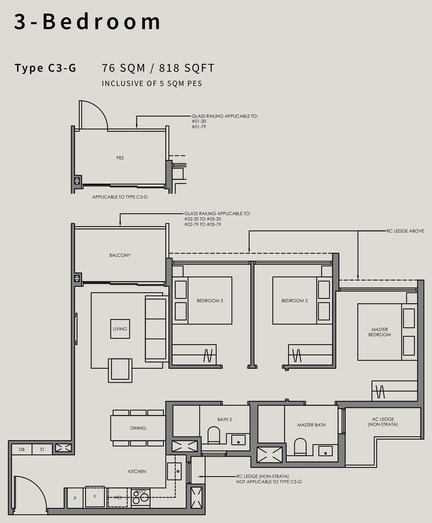Floor plan of the 3-bedroom, type C3, 818 square feet