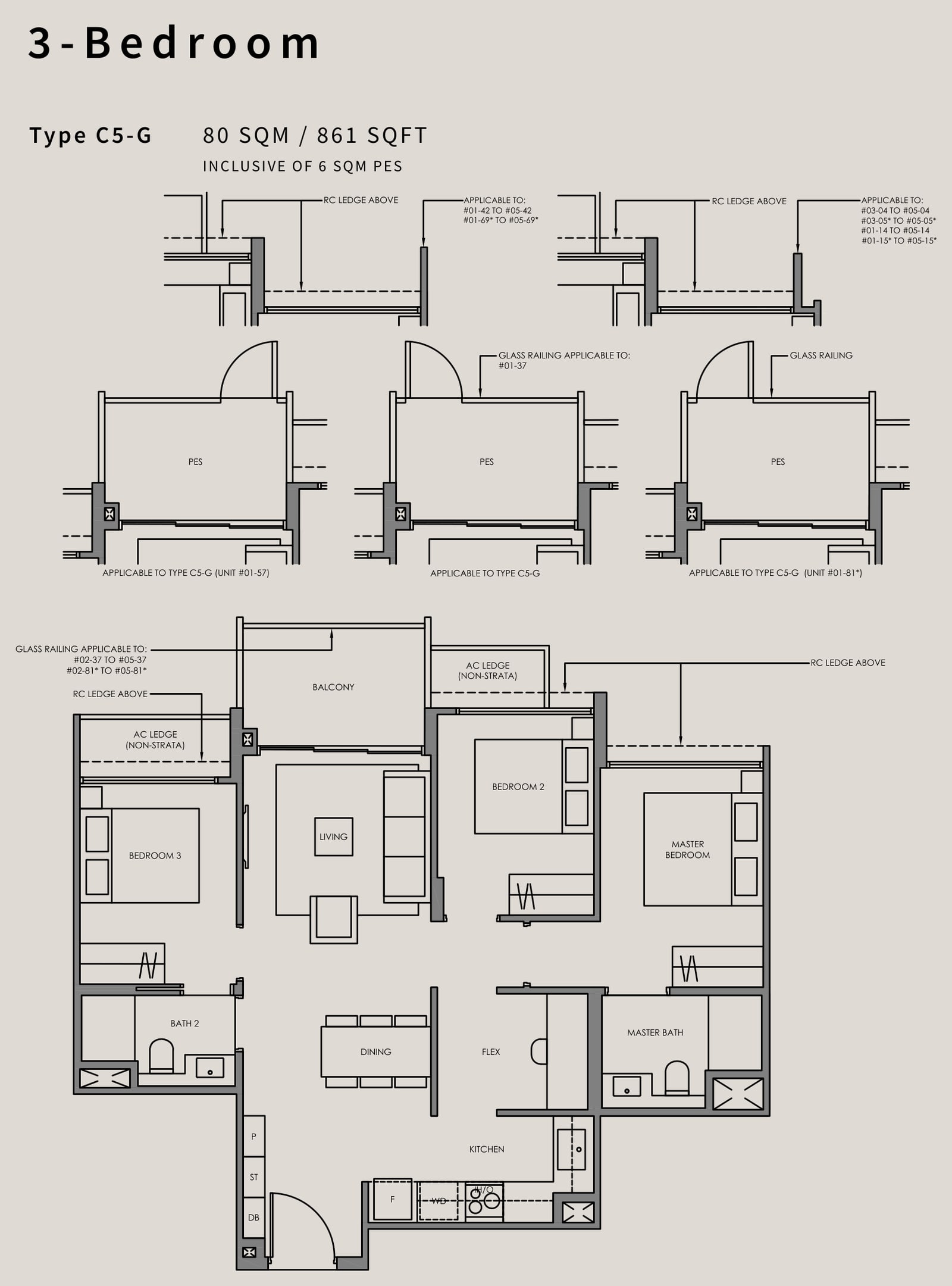 Floor plan of the 3-bedroom, type C5, 861 square feet