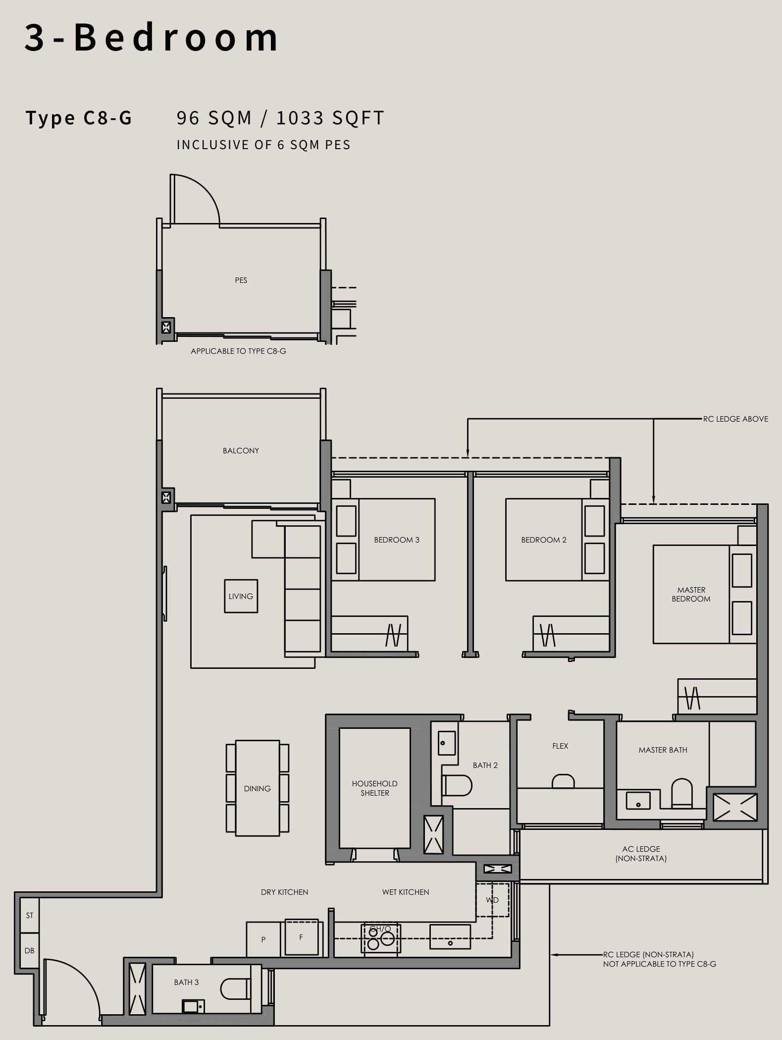 Floor plan of the 3-bedroom with a household shelter, type C8, 1,033 square feet