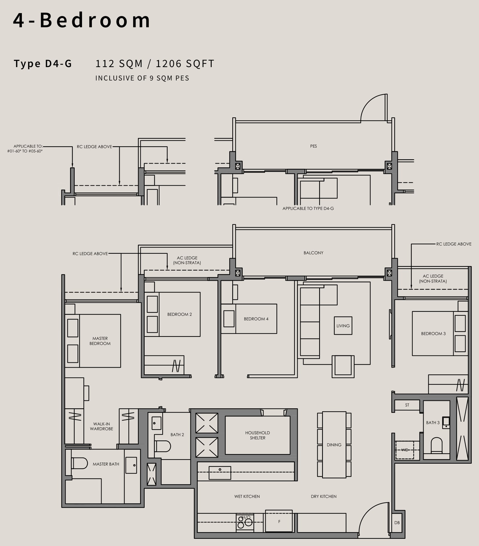 Floor plan of the 4-bedroom, type D4, 1,206 square feet