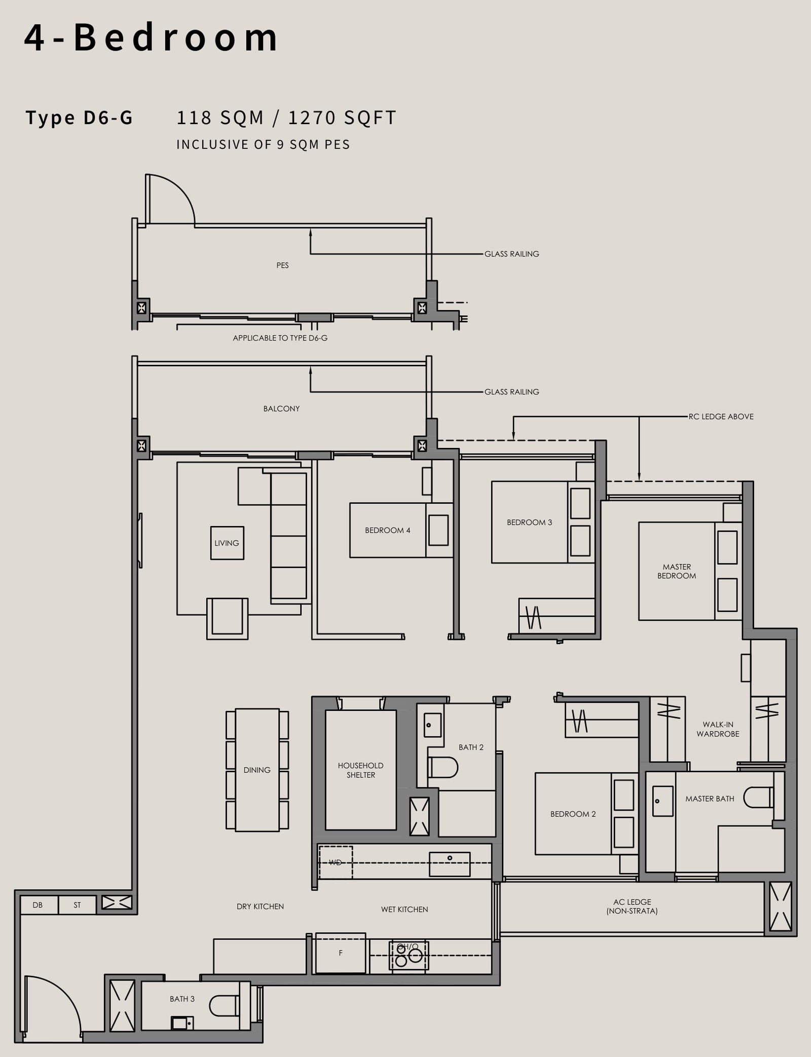 Floor plan of the 4-bedroom, type D6, 1,270 square feet