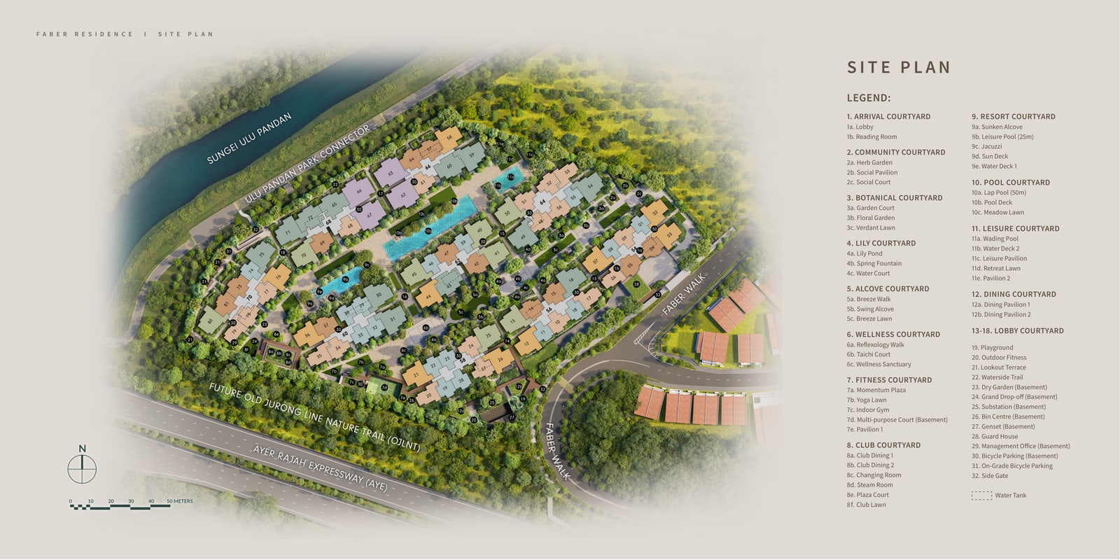 Site plan of Faber Residence showing nine blocks around courtyards, the lap pool, Sungei Ulu Pandan and Faber Walk, with a numbered legend