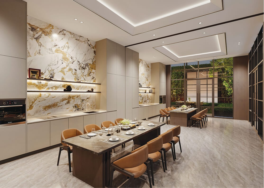 Artist's impression of The Atlas Club with a long dining table and kitchen counter