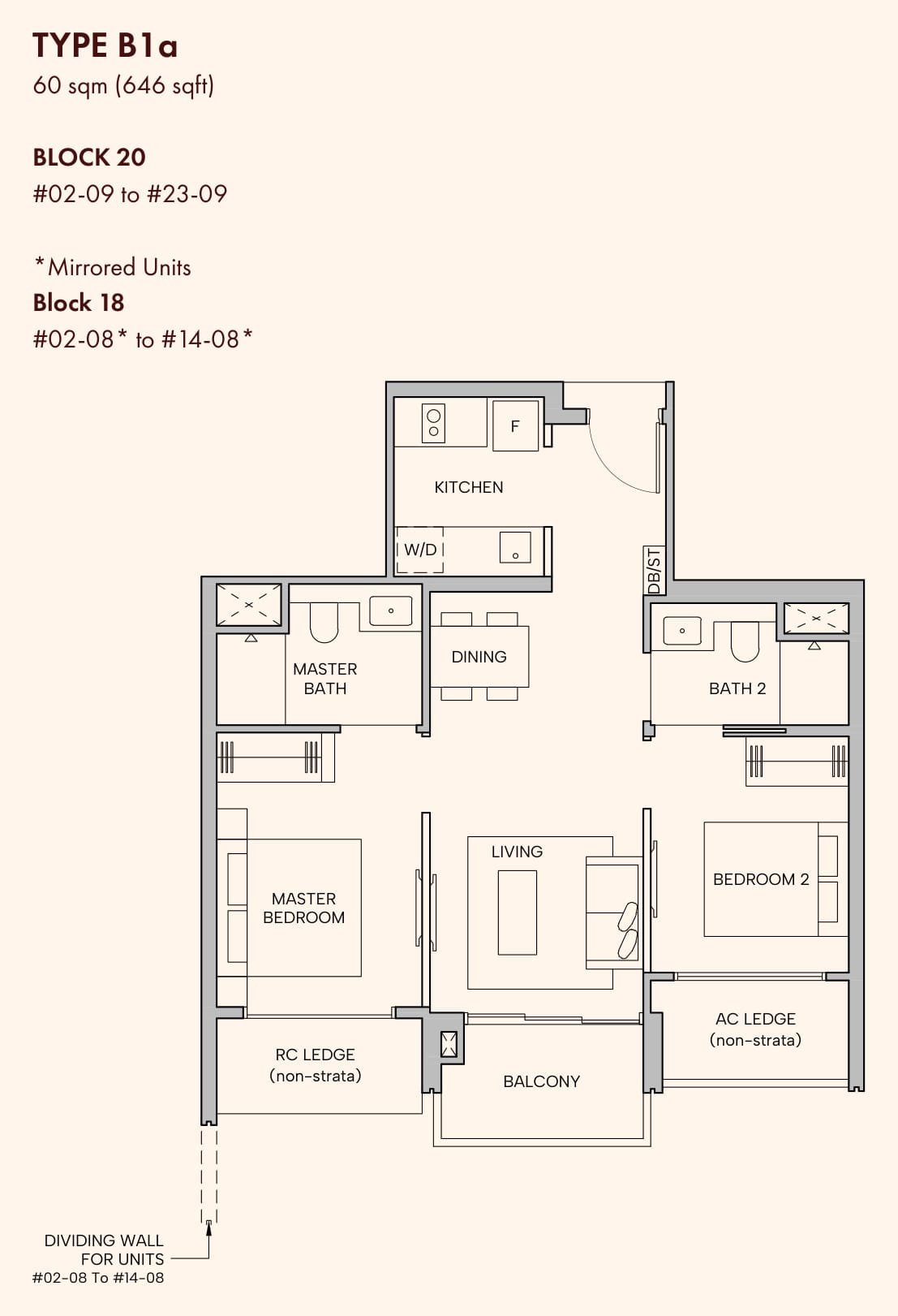 Floor plan of the 2-bedroom premium, type B1a, 646 square feet