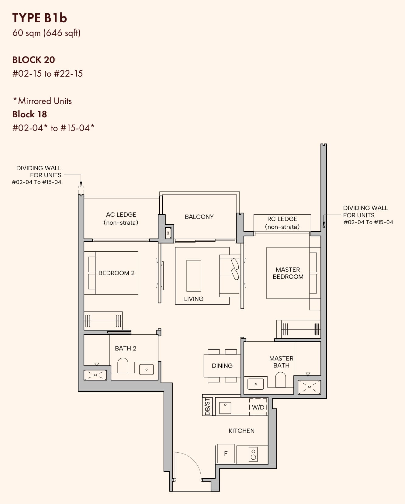 Floor plan of the 2-bedroom premium, type B1b, 646 square feet, with the entrance at the bottom