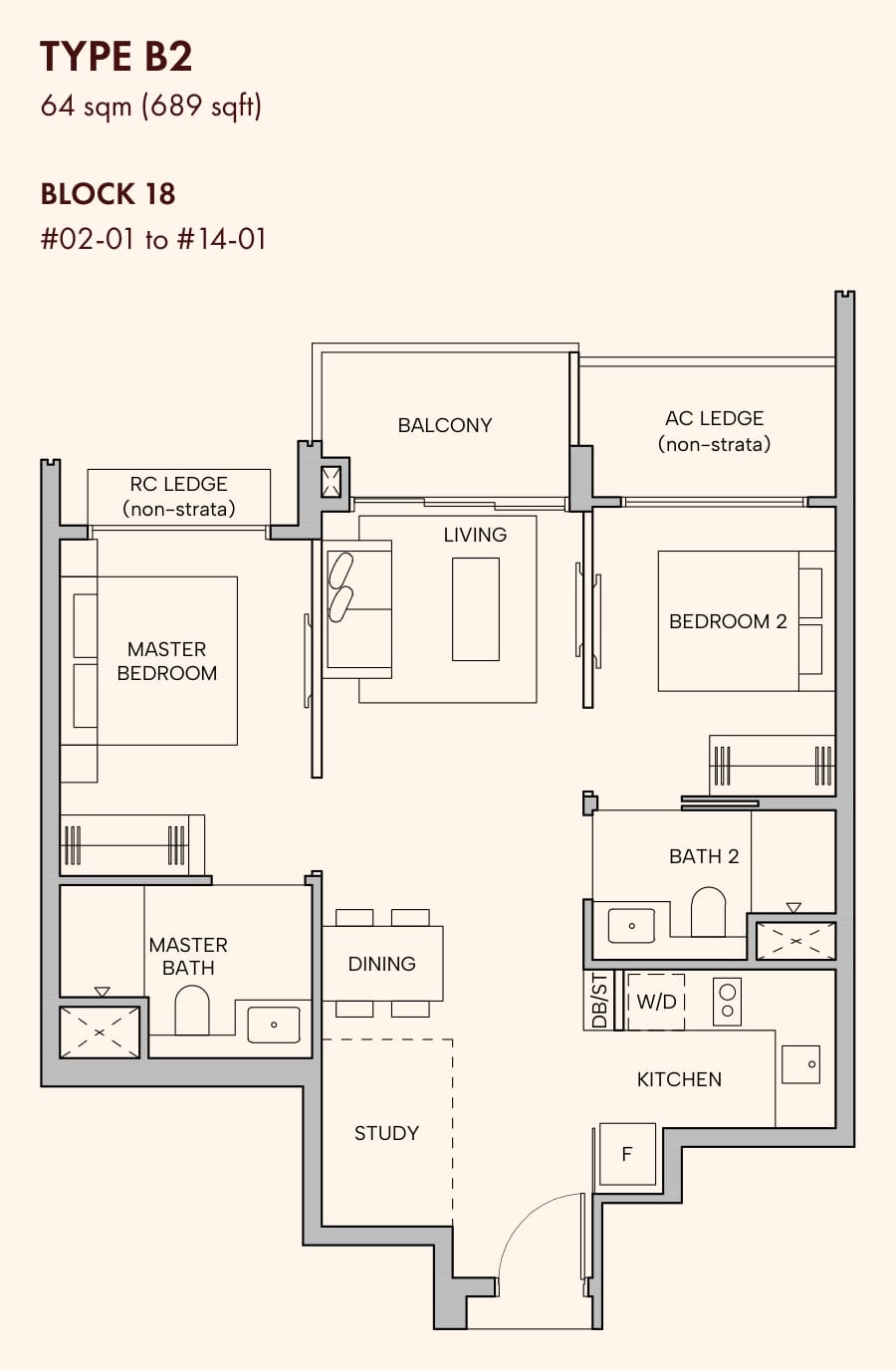Floor plan of the 2-bedroom premium with study, type B2, 689 square feet
