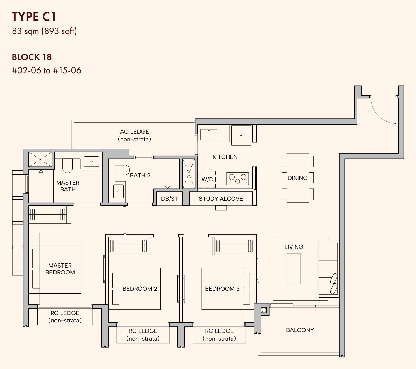 Floor plan of the 3-bedroom deluxe, type C1, 893 square feet