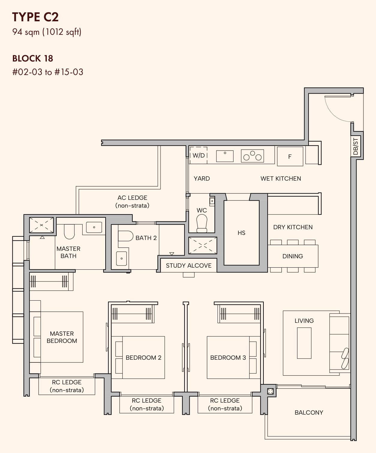 Floor plan of the 3-bedroom premium, type C2, 1,012 square feet