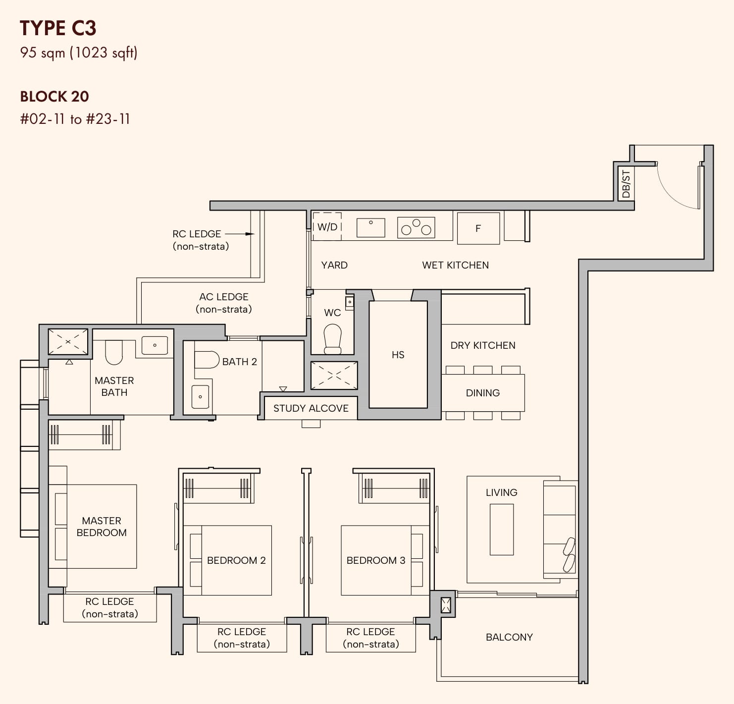 Floor plan of the 3-bedroom premium, type C3, 1,023 square feet