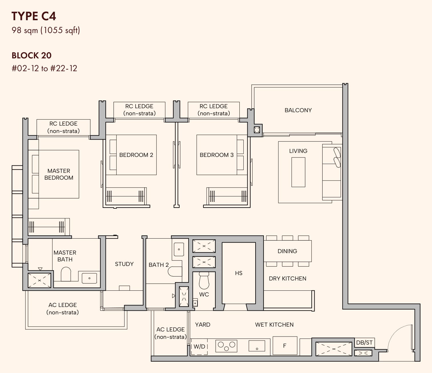 Floor plan of the 3-bedroom premium with study, type C4, 1,055 square feet