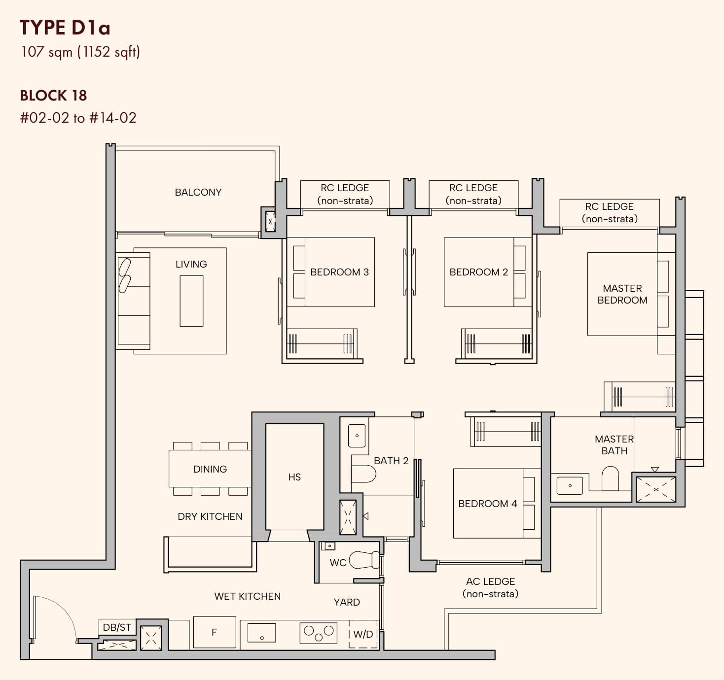 Floor plan of the 4-bedroom premium, type D1a, 1,152 square feet